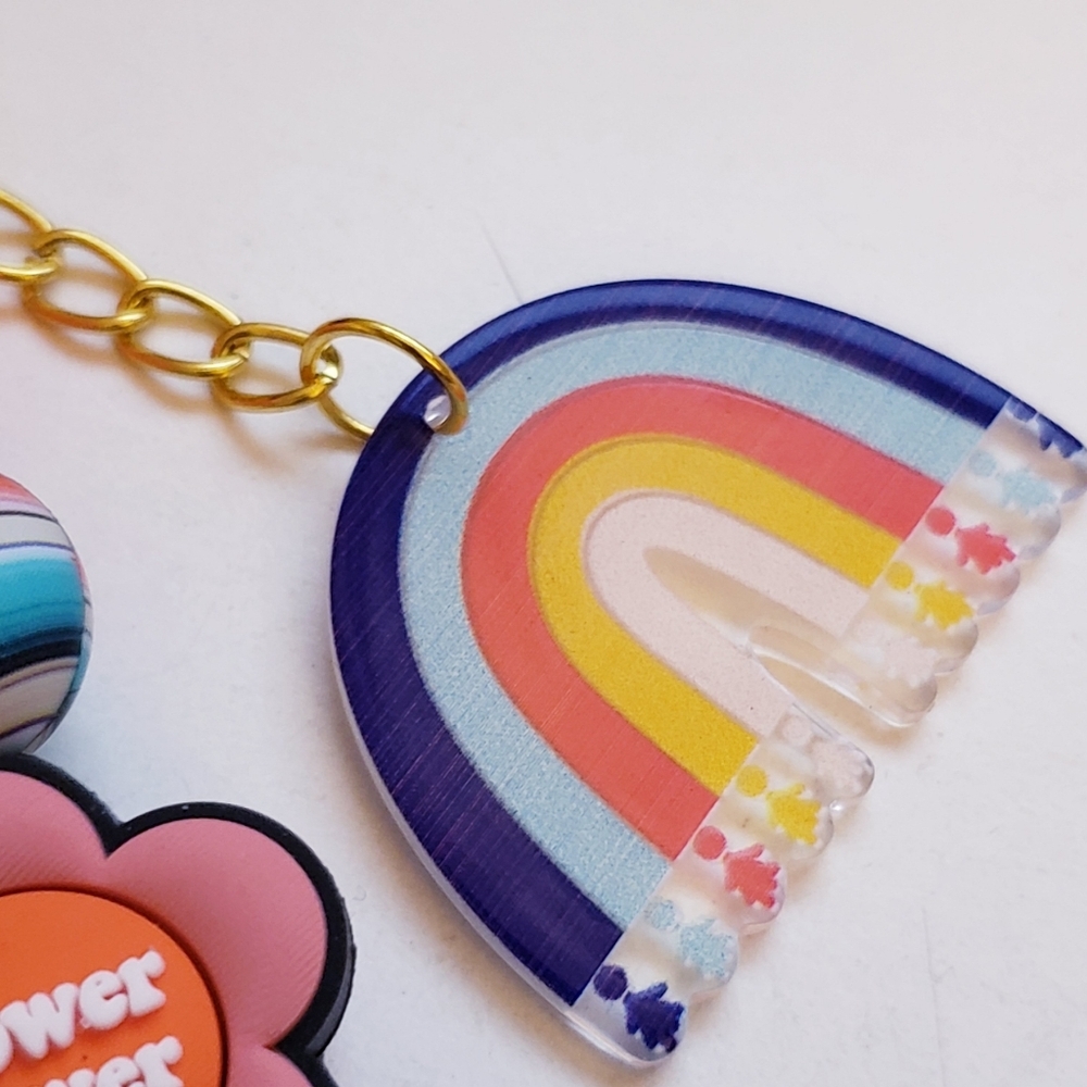 Handmade SiIicone Focal Beaded Rainbow 70s Peace Flower Power Keychain - Picture 2 of 5